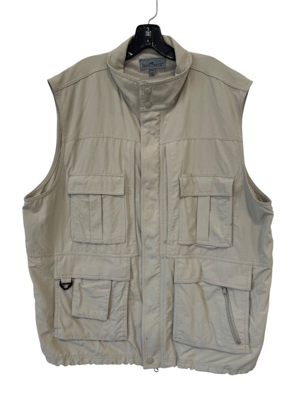 Travelsmith Travel Vest XXL Pockets High Neck Zip Snap Front Khaki Camp Safari